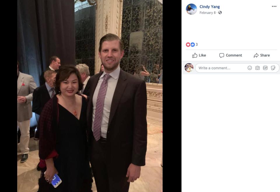 A screenshot taken from Cindy Yang's Facebook page showing her posing alongside Eric Trump. (Photo: )