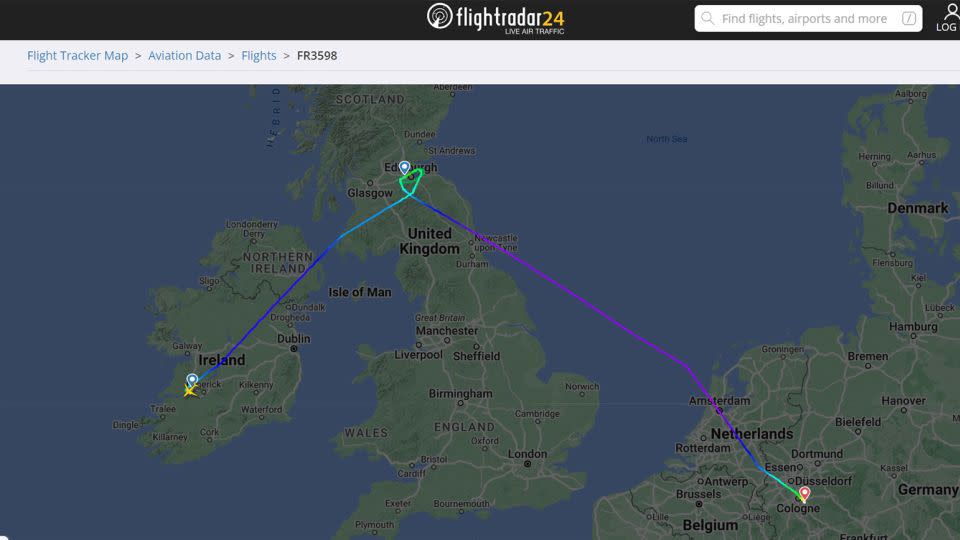 This flight from Shannon to Edinburgh ended up in Cologne. - FlightRadar