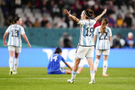 Argentina's Mariana Larroquette reacts against a referee decision during the Women's World Cup Group G soccer match between Italy and Argentina at Eden Park in Auckland, New Zealand, Monday, July 24, 2023. (AP Photo/Abbie Parr)