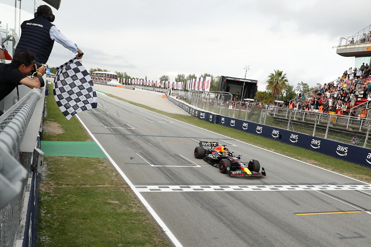 Red Bull driver Max Verstappen of the Netherlands crosses the finish line to win the Spanish Formula One Grand Prix at the Barcelona Catalunya racetrack in Montmelo, Spain, Sunday, June 4, 2023. (Albert Gea/Pool Photo via AP)