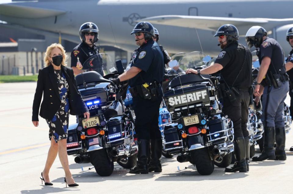 First lady Jill Biden arrives at General Mitchell International Airport in Milwaukee, Wis., Wednesday, Sept. 15. - Credit: AP