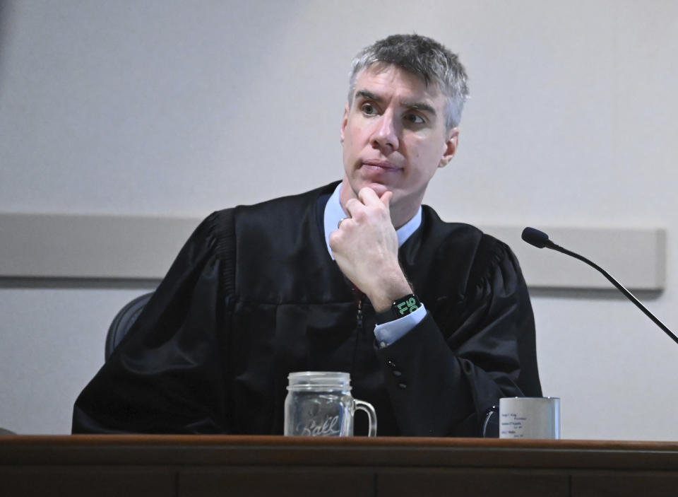 Washington County Judge Adam Michelini presides over summations in Kevin Monahan's murder trial, Tuesday, Jan. 23, 2024, at the Washington County Courthouse in Fort Edward, N.Y. Monahan, 66, is charged with second-degree murder in the death of Kaylin Gillis, who was riding in a caravan of two cars and a motorcycle that pulled into his dark, winding driveway in rural Hebron, about 40 miles (65 kilometers) north of Albany, near the Vermont border. (Will Waldron/The Albany Times Union via AP, Pool)