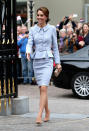 <p>The Duchess arrived in the Netherlands for her first solo foreign mission wearing a pale blue suit by Catherine Walker. She completed the look with nude heels and a clutch bag.</p><p><i>[Photo: Getty]</i></p>