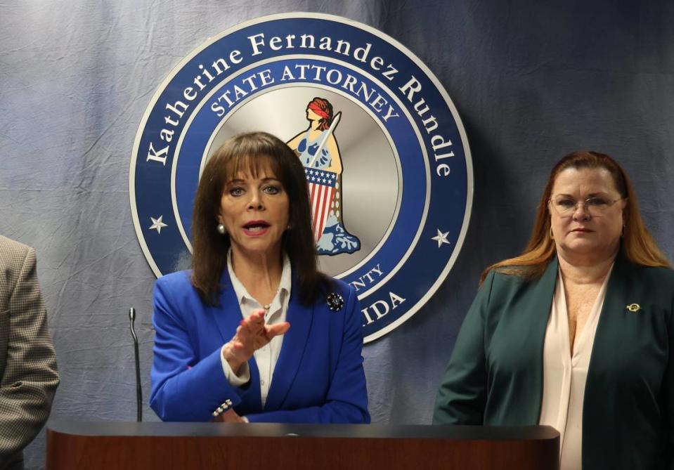 State Attorney Katherine Fernandez Rundle announces the arrest of former Miami-Dade commission candidate Sophia Lacayo for alleged campaign finance irregularities during a press conference on Wednesday, July 26, 2023 at the State Attorney’s Office in Miami, Florida.