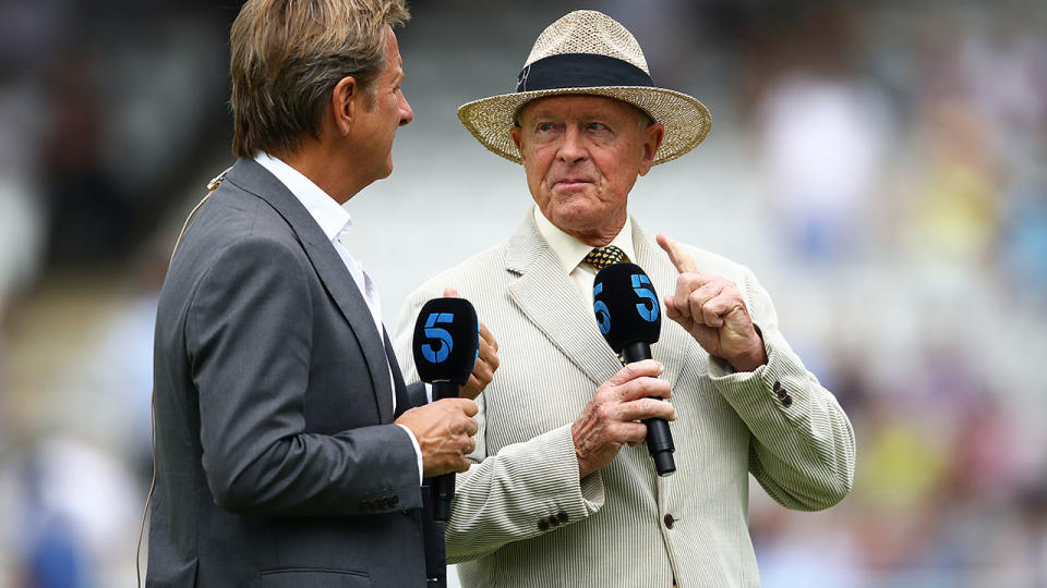 Geoffrey Boycott (R) and Mark Nicholas talk ahead of the first Ashes Test. (Photo by Julian Finney/Getty Images)