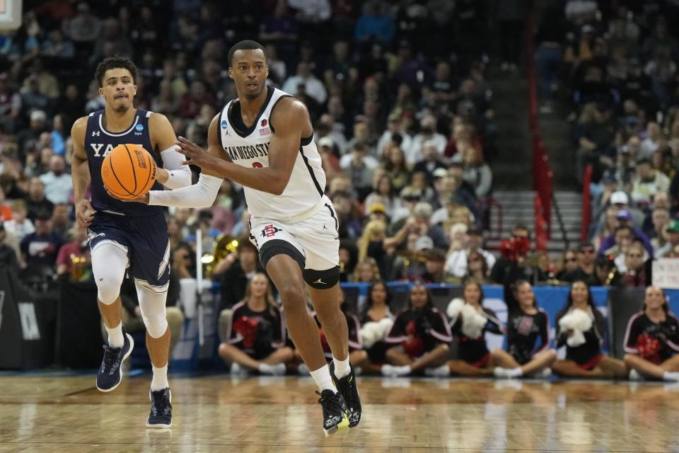 Mar 24, 2024; Spokane, WA, USA; San Diego State Aztecs guard Micah Parrish (3) dribbles the ball in the first half against the San Diego State Aztecs at Spokane Veterans Memorial Arena. Mandatory Credit: Kirby Lee-USA TODAY Sports