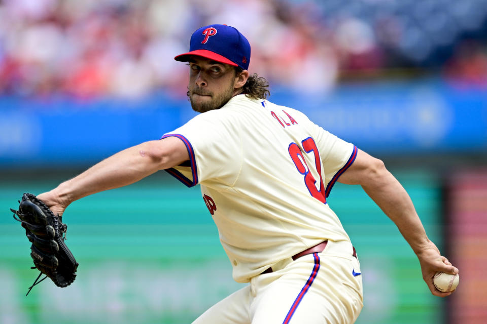 Philadelphia Phillies' Aaron Nola pitches during the first inning of a baseball game against the Toronto Blue Jays, Wednesday, May 8, 2024, in Philadelphia. (AP Photo/Derik Hamilton)
