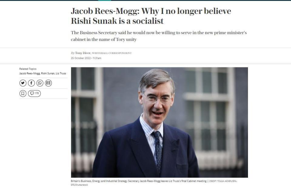 The Daily Telegraph article where Mr Rees-Mogg said he was open to staying in the cabinet (Telegraph)