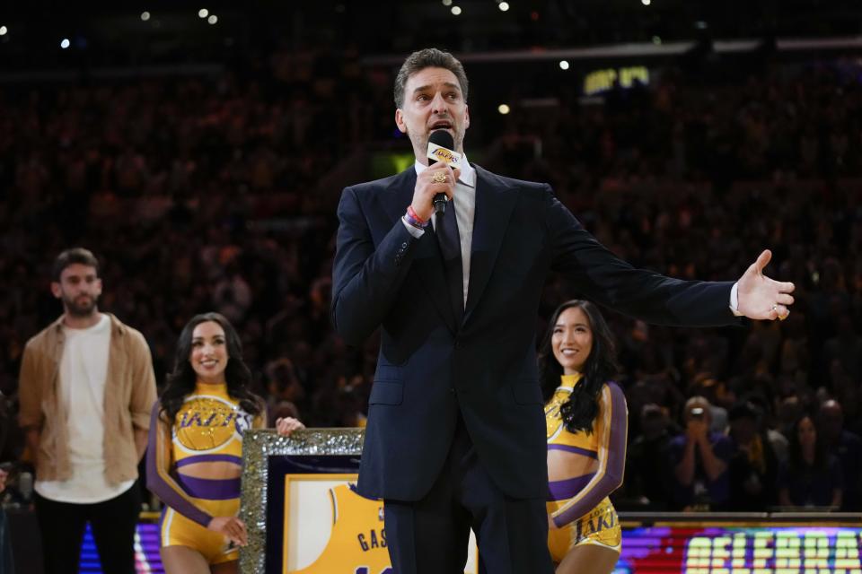 Former Los Angeles Lakers forward Pau Gasol speaks during his jersey retirement ceremony at halftime of the team's NBA basketball game against the Memphis GrizzliesTuesday, March 7, 2023, in Los Angeles. (AP Photo/Jae C. Hong)