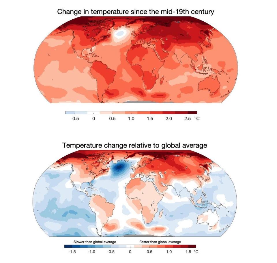 Top: Areas that have warmed since 1950 are shaded in red. Notice the blue hole south of Greenland, evidence of the slowing of the AMOC. Bottom: Shows temperature changes relative to other regions. The red is the fastest warming areas. The blue are the areas warming less fast, or even cooling. Particularly apparent is the cold blob south of Greenland. / Credit: Dr. Ed Hawkins