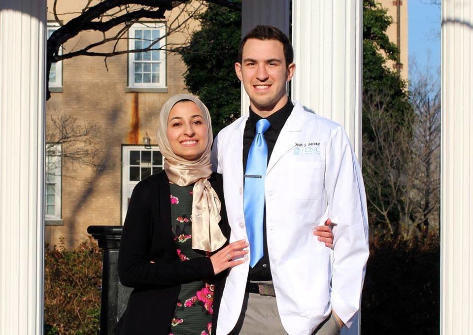 Deah Shaddy Barakat and his wife Yusor Abu-Salha. Barakat was a dental student who regularly volunteered and helped the homeless.