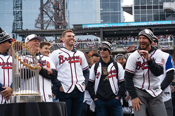 ATLANTA, GA - NOVEMBER 05: Members of the Atlanta Braves team speak following the World Series Parade at Truist Park on November 5, 2021 in Atlanta, Georgia. The Atlanta Braves won the World Series in six games against the Houston Astros winning their first championship since 1995. (Photo by Megan Varner/Getty Images)