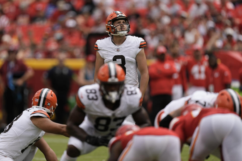 Cleveland Browns place-kicker Cade York watches his 40-yard field goal during the second half of an NFL preseason football game against the Kansas City Chiefs Saturday, Aug. 26, 2023, in Kansas City, Mo. (AP Photo/Charlie Riedel)