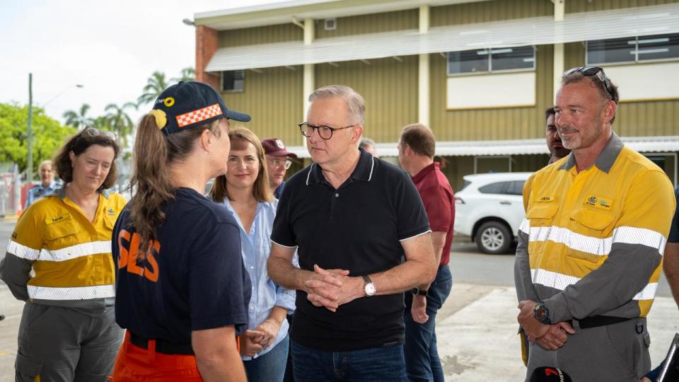 Prime Minister Anthony Albanese (pictured in Cairns) on Tuesday unveiled a $20m cleanup program to help get the storm-battered southeast Queensland back into shape. Picture: Emily Barker/ NCA NewsWire,