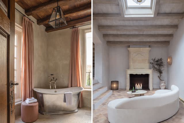 <p>Courtesy of Vestige Collection</p> From left: A soaking tub at Palacio de Figueras; a sitting area in the Grand Suite at Son Vell.