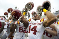 Jared Brackens #14 of the Iowa State Cyclones celebrates with teammates after defeating the TCU Horned Frogs during the Big 12 Conference game on October 6, 2012 at Amon G. Carter Stadium in Fort Worth, Texas. (Photo by Cooper Neill/Getty Images)