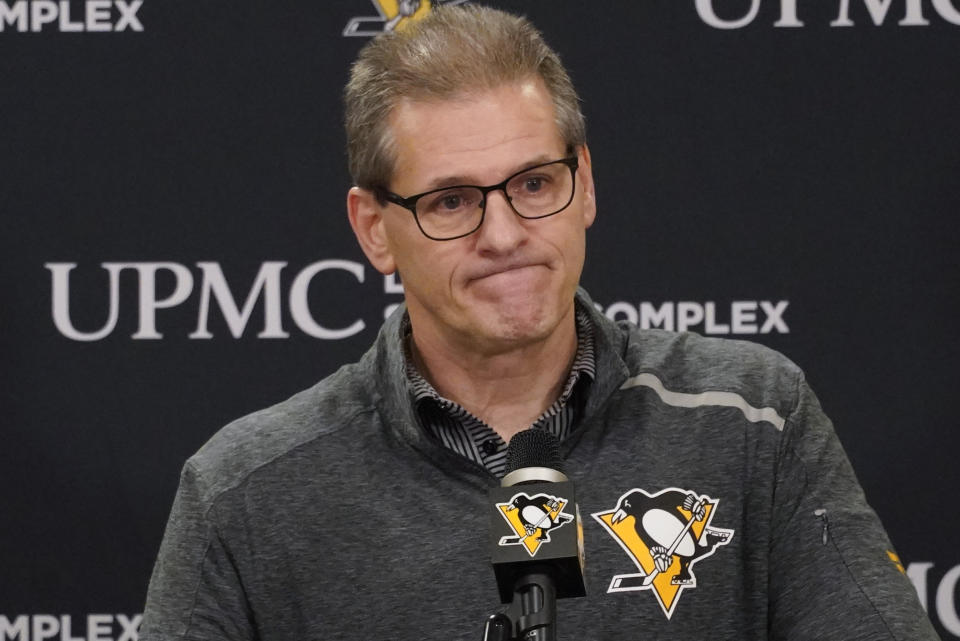 FILE - Pittsburgh Penguins general manager Ron Hextall takes questions during his end-of-season NHL hockey news conference, Monday, May 23, 2022, in Cranberry Township, Butler County, Pa. The Penguins fired Hextall on Friday, April 14, 2023, after the team failed to make the playoffs for the first time since 2006. (AP Photo/Keith Srakocic, File)