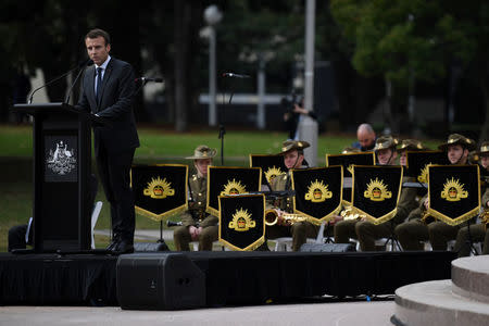 French President Emmanuel Macron speaks during a Commemorative Service at the Anzac war memorial in Sydney, May 2, 2018. AAP/David Moir/via REUTERS