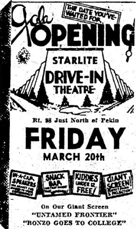 A March 19, 1953, Peoria Journal ad for the Starlite Drive-In depicted a mountainous screen.