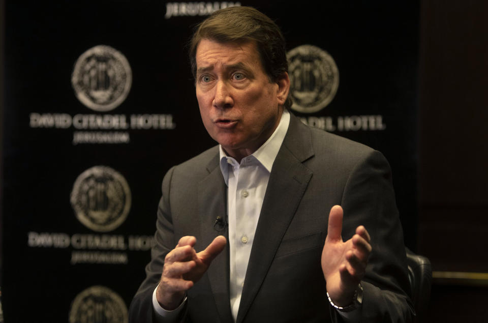 U.S. Sen. Bill Hagerty gestures as he speaks during an interview with The Associated Press in Jerusalem, Monday, May 31, 2021. (AP Photo/Sebastian Scheiner)