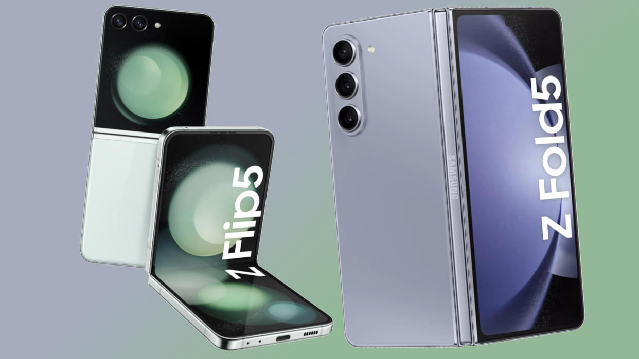  The Samsung Galaxy Z Flip 5 and the Samsung Galaxy Z Fold 5 on a green and blue background 