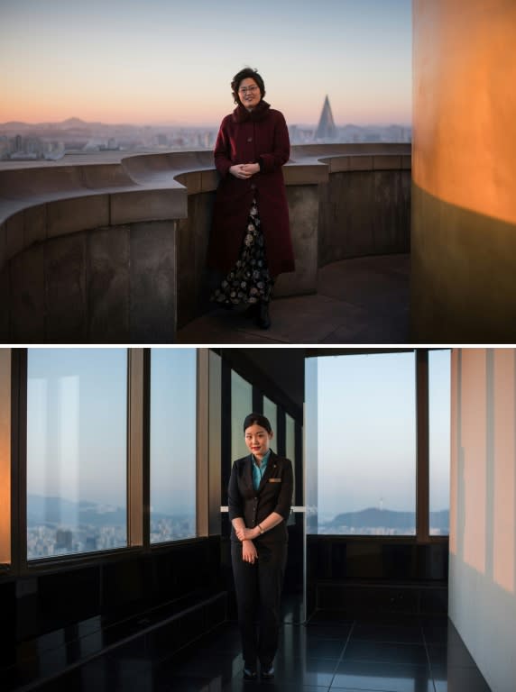 North Korean tour guide Choi Hee Ok (top) at the viewing deck of the landmark Juche Tower in Pyongyang, and South Korean tour guide Bang Sung-hee (bottom) at the viewing deck of the landmark 63 Building in Seoul