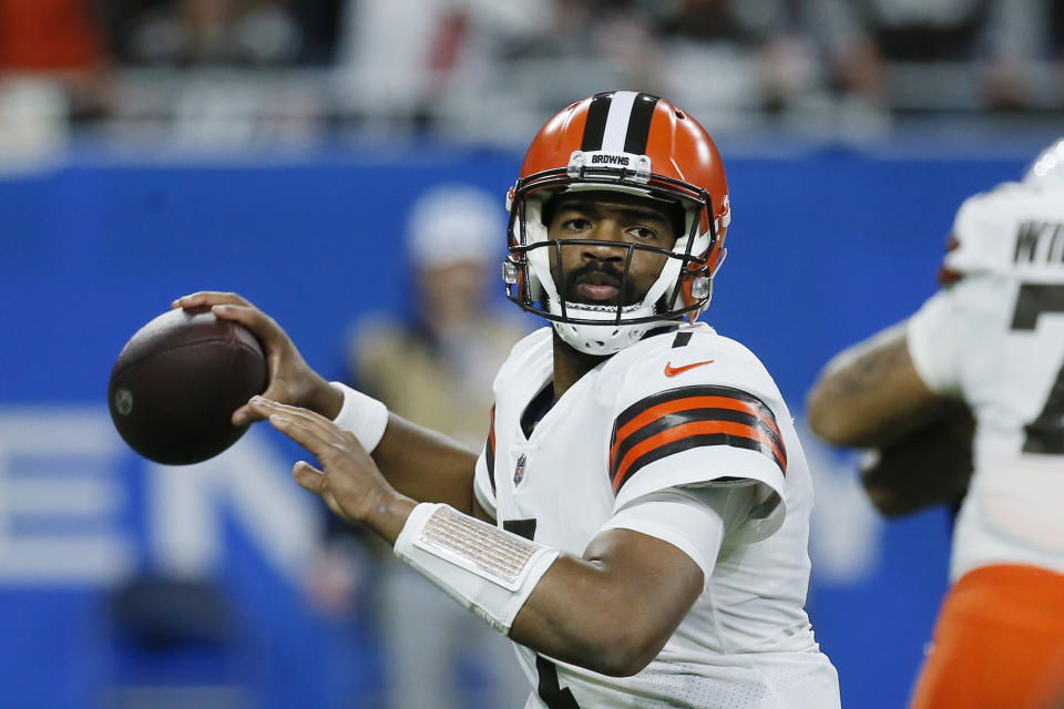 Cleveland Browns quarterback Jacoby Brissett throws during the first half of an NFL football game against the Buffalo Bills, Sunday, Nov. 20, 2022, in Detroit. (AP Photo/Duane Burleson)