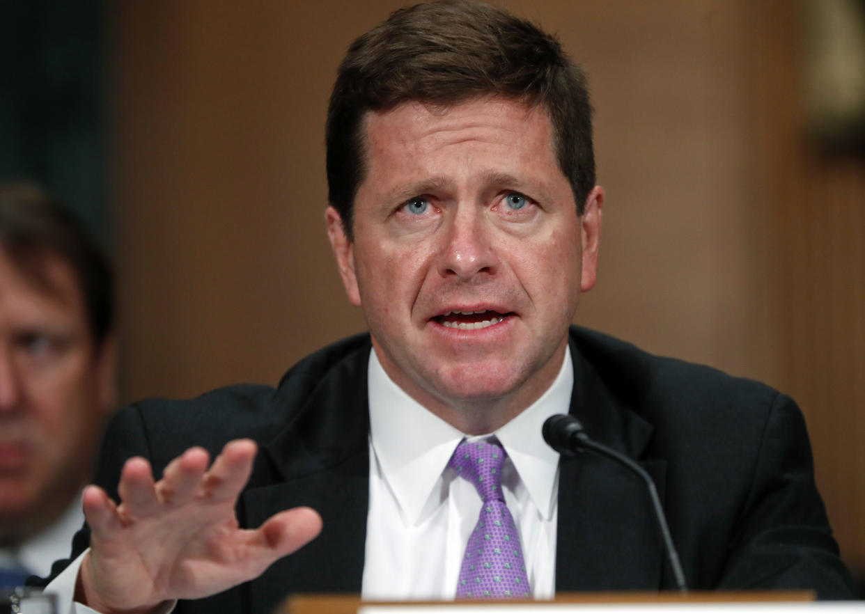 Securities and Exchange Commission Chairman Jay Clayton testifies before the Senate Banking Committee on Capitol Hill in Washington, Tuesday, Sept. 26, 2017. (AP Photo/Pablo Martinez Monsivais)