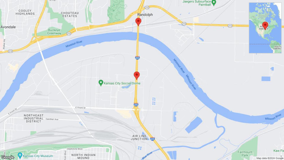 A detailed map that shows the affected road due to 'Heavy rain prompts traffic warning on northbound I-435 in Kansas City' on May 2nd at 5:02 p.m.