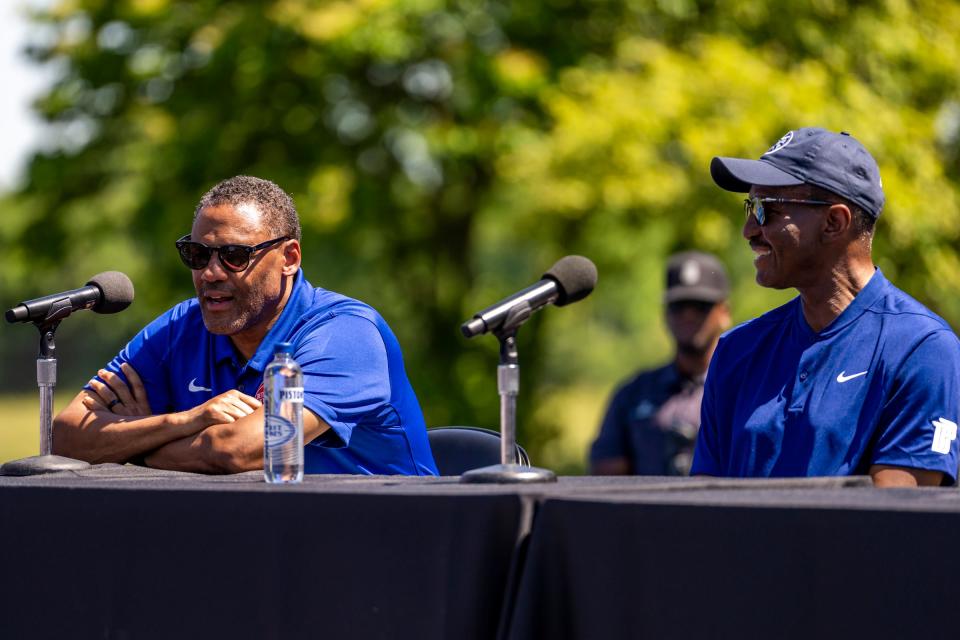Pistons general manager Troy Weaver, left, and coach Dwane Casey during the Pistons' news conference on Friday, June 24, 2022, at Rouge Park.