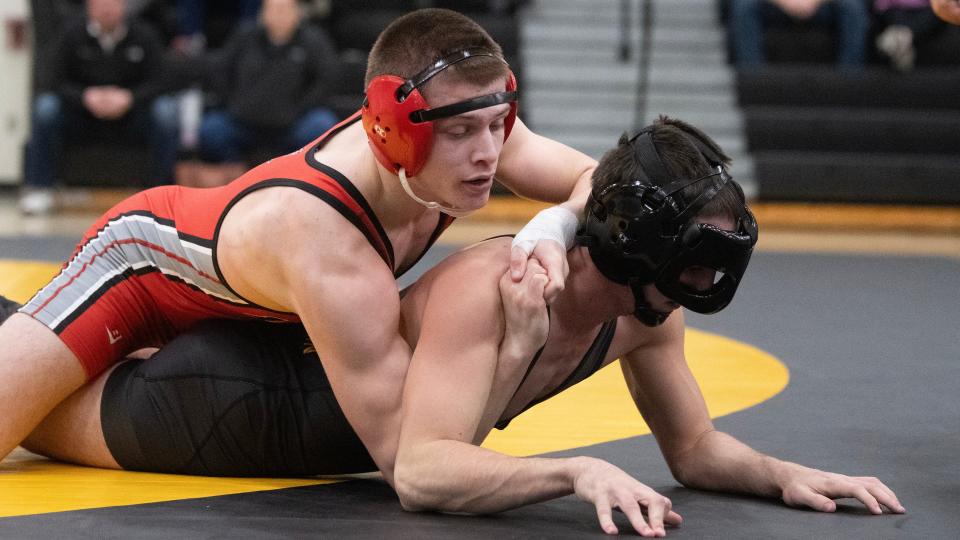 Lenape's Reid Angermeier, top, controls Moorestown's Daniel Blanch during the 138 lb. bout of the wrestling meet held at Moorestown High School on Wednesday, January 17, 2024. Angermeier defeated Blanch, 6-2.