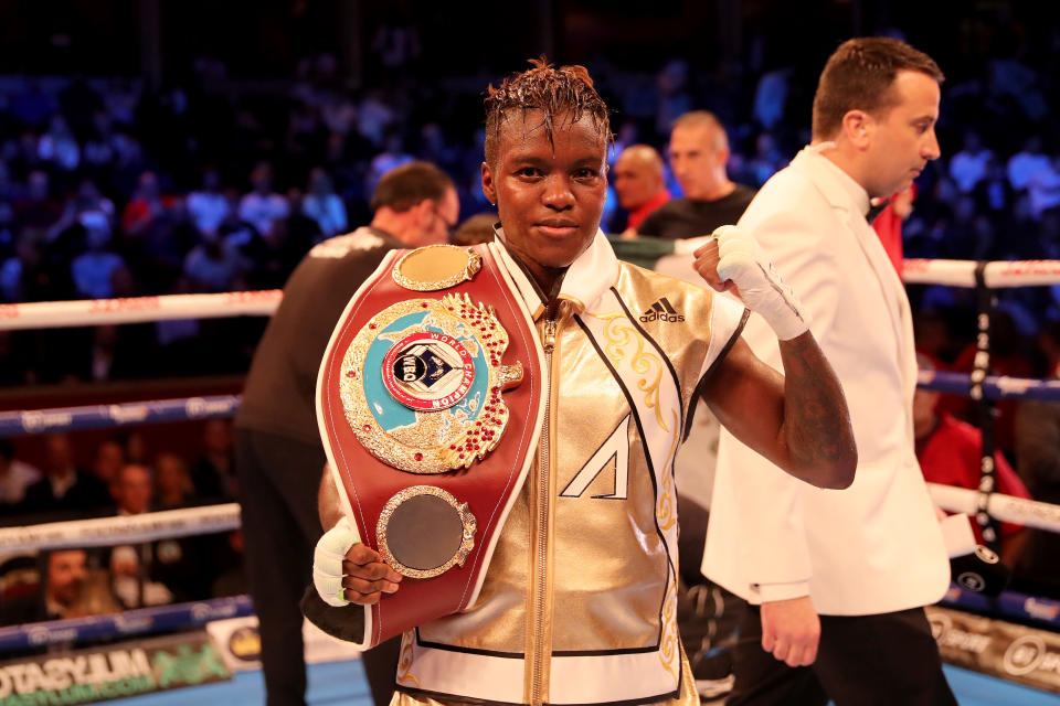 LONDON, ENGLAND - SEPTEMBER 27: Nicola Adams celebrartes retaining her belt after a split decision draw in the WBO World Flyweight Championship Title fight between Nicola Adams and Maria Salinas at Royal Albert Hall on September 27, 2019 in London, England. (Photo by James Chance/Getty Images)