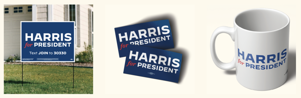 Merchandise in the official Kamala Harris store reads Harris for President.