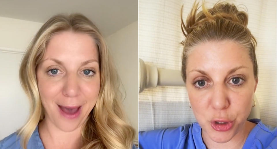 Side by side image of Julie (blonde hair in blue scrubs) in screenshots taken from her TikTok videos.