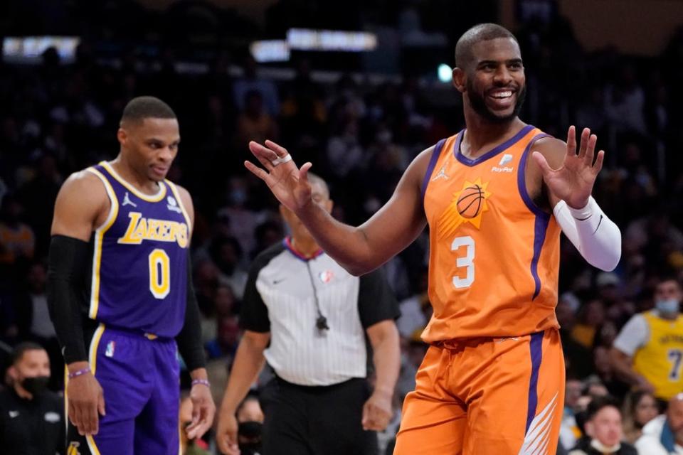 Phoenix Suns guard Chris Paul (3) argues a call during the first half of an NBA game against the Los Angeles Lakers (Marcio Jose Sanchez/AP) (AP)