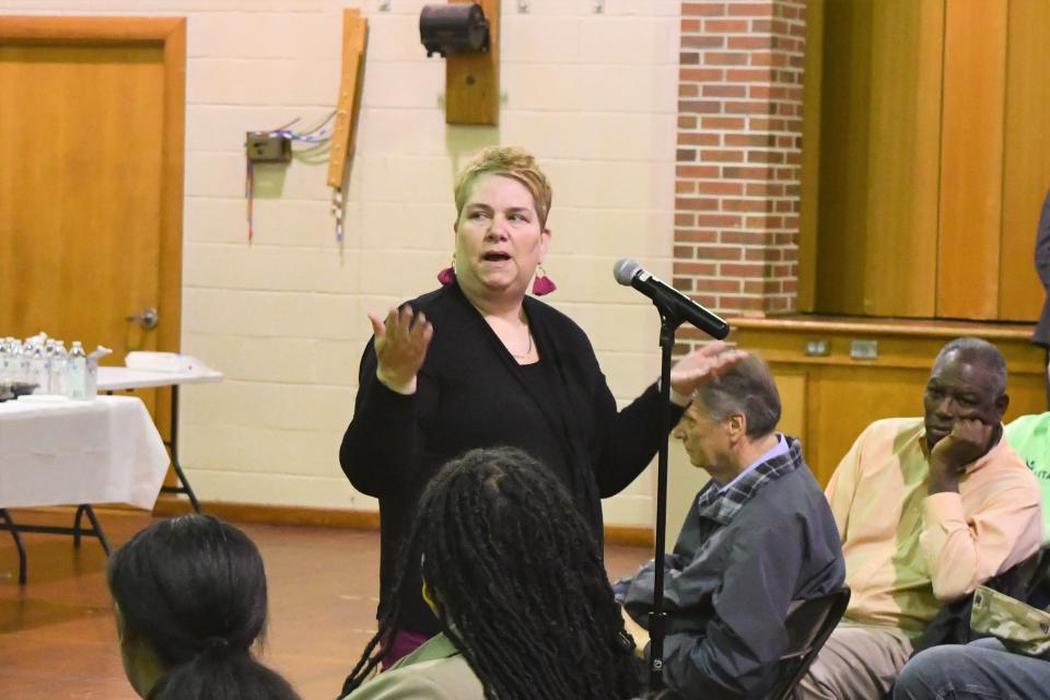 Danielle Stevens' son, 18-year-old Kylee Robinson, was shot and killed Oct. 29 in Laurel. Here, she speaks at an Operation West Laurel meeting at the former Paul Laurence Dunbar Elementary School on Nov. 12, 2023.