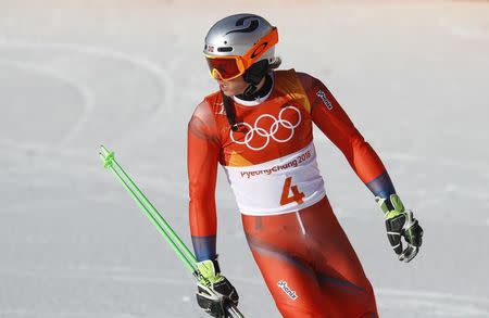 Alpine Skiing - Pyeongchang 2018 Winter Olympics - Men's Slalom - Yongpyong Alpine Centre - Pyeongchang, South Korea - February 22, 2018 - Henrik Kristoffersen of Norway reacts. REUTERS/Leonhard Foeger