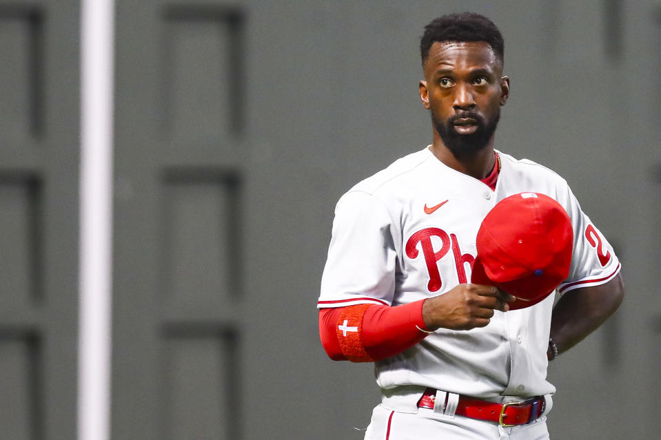 BOSTON, MA - AUGUST 18:  Andrew McCutchen #22 of the Philadelphia Phillies looks on during a game against the Boston Red Sox at Fenway Park on August 18, 2020 in Boston, Massachusetts.  (Photo by Adam Glanzman/Getty Images)