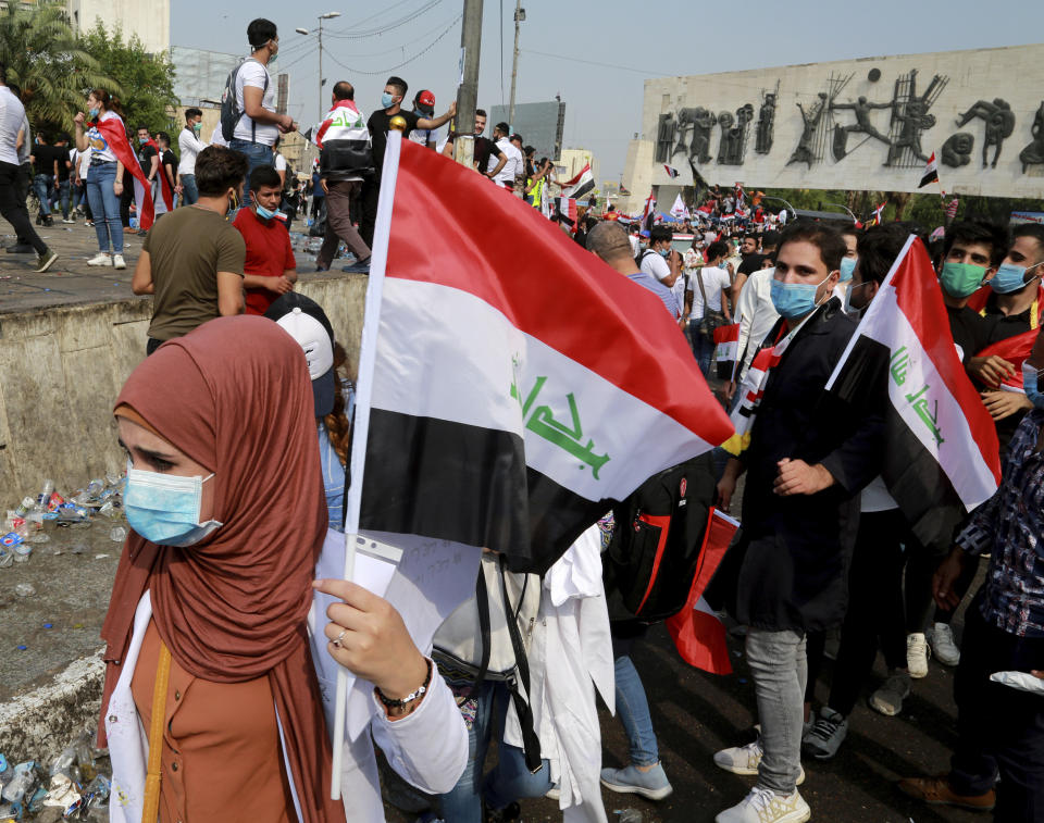 Students take part in anti-government protests in Baghdad, Iraq, Monday, Oct. 28, 2019. Protests have resumed in Iraq after a wave of demonstrations earlier this month were violently put down. (AP Photo/Hadi Mizban)