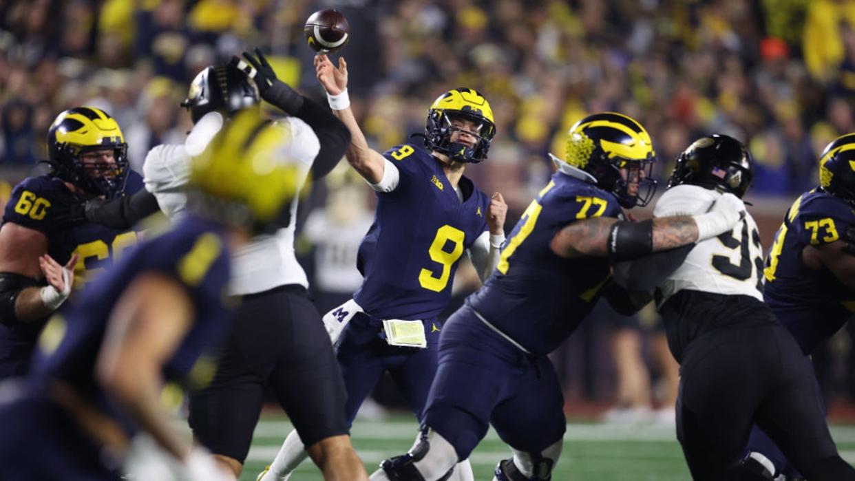 <div>J.J. McCarthy #9 of the Michigan Wolverines throws a first half pass while playing the Purdue Boilermakers at Michigan Stadium on November 04, 2023 in Ann Arbor, Michigan. (Photo by Gregory Shamus/Getty Images)</div>