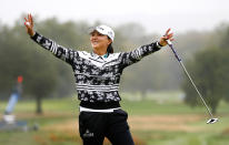 Jin Young Ko, of Korea, celebrates after winning the Cognizant Founders Cup, Sunday, Oct. 10, 2021, in West Caldwell, N.J. (AP Photo/Noah K. Murray)