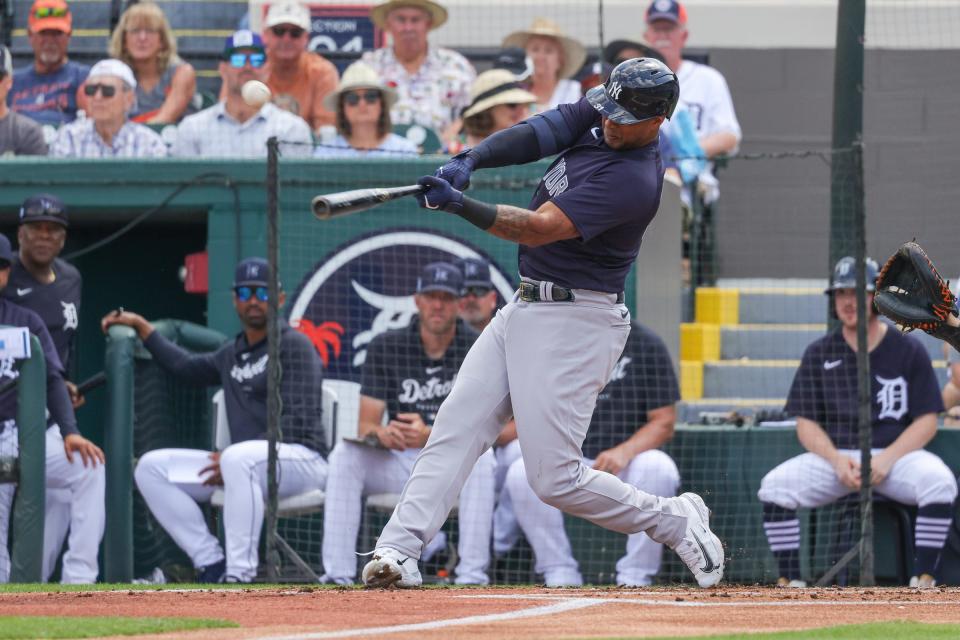 New York Yankees center fielder Aaron Hicks (31) bats during the first inning against the Detroit Tigers at Publix Field at Joker Marchant Stadium in Lakeland, Florida, on Friday, March 10, 2023.