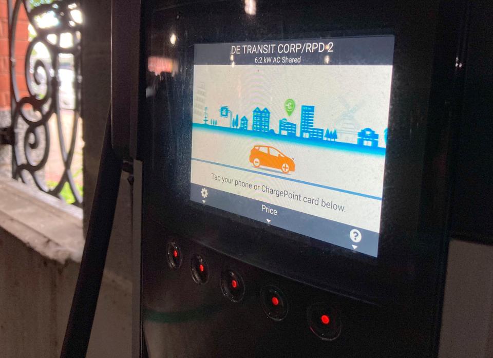 A display screen serving two of four electric electric vehicle charging spaces in the parking garage adjacent to the Wilmington Amtrak Station, seen Saturday, June 24, 2023.