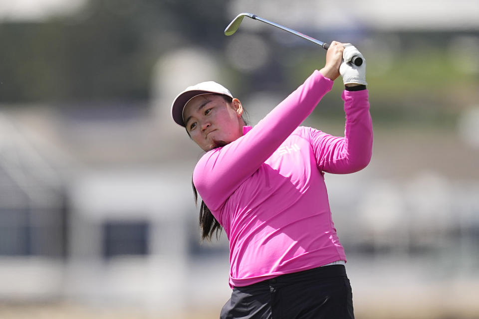 Allisen Corpuz hits from the seventh tee during the third round of the U.S. Women's Open golf tournament at the Pebble Beach Golf Links, Saturday, July 8, 2023, in Pebble Beach, Calif. (AP Photo/Darron Cummings)