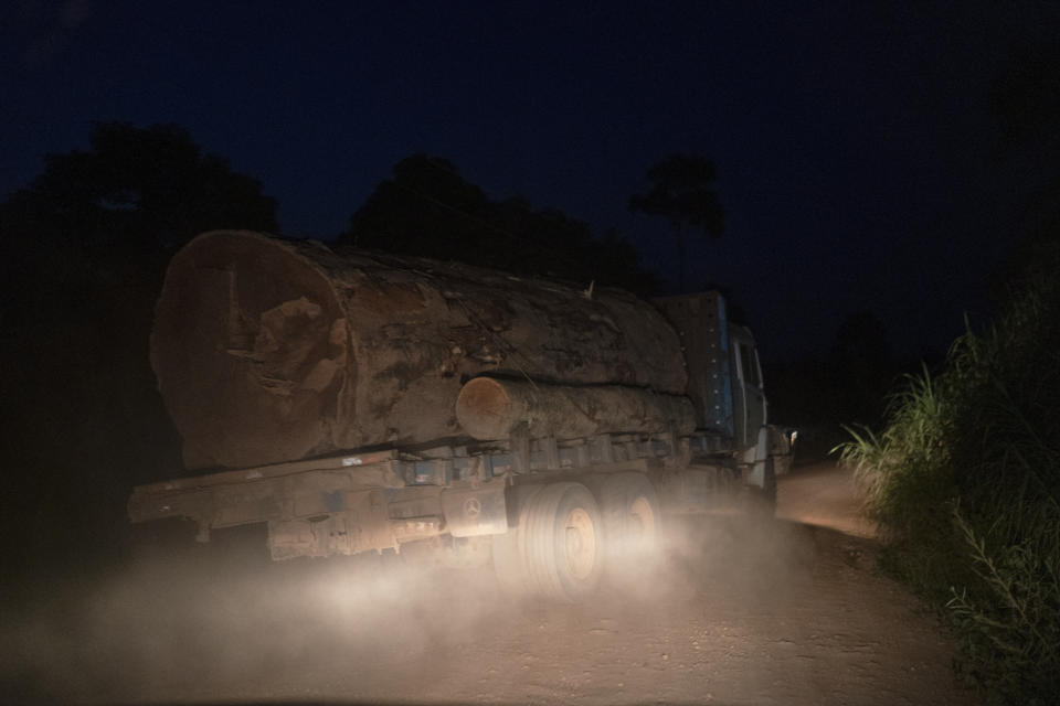 In this Nov. 28, 2019 photo, a logging truck without license plates carries the trunk of a giant tree on a dirt road away from Trairao National Forest in Trairao, Para state, Brazil. Night after night, truckers chug along the darkened road to their turn-off into the woods, where they deliver their ancient cargo. By morning, the logs are laid out for hewing at the remote sawmill, its corrugated metal roof hardly visible from the highway. (AP Photo/Leo Correa)