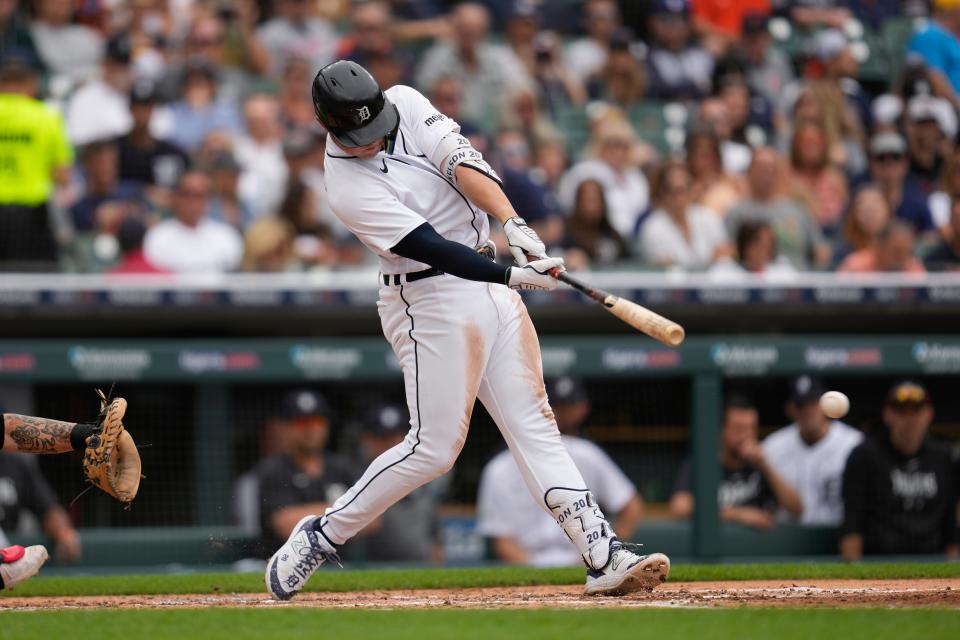 Detroit Tigers' Spencer Torkelson hits a two-run double against the Chicago White Sox in the third inning at Comerica Park in Detroit on Sunday, Sept. 10, 2023.