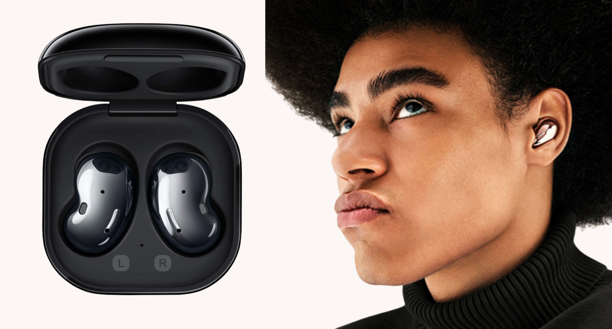 samsung, man with afro wearing samsung galaxy buds live headphone and black turtleneck, amazon canada headphones, samsung headphones