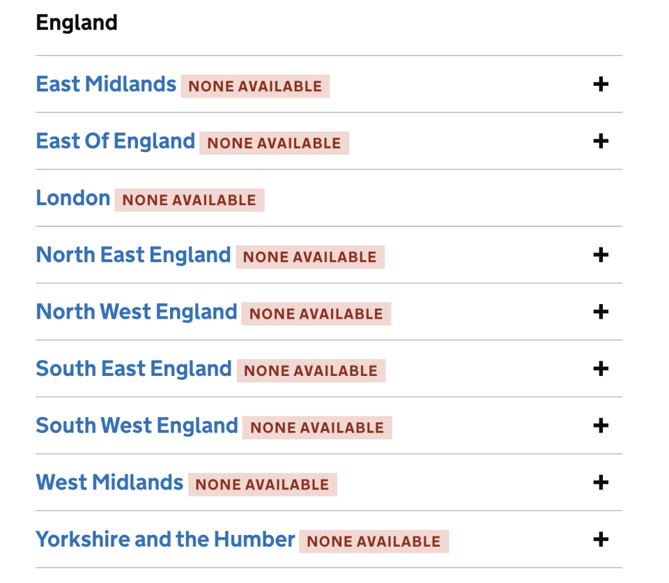 No PCR test appointments are available in England (NHS website)