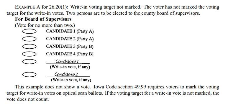An image from Iowa Administrative Code 721 - 26.20 showing examples of invalid write-in votes. The Iowa Secretary of State's Office says an election recount for a Pleasant Valley School Board seat counted invalid write-in ballots in violation of state law.