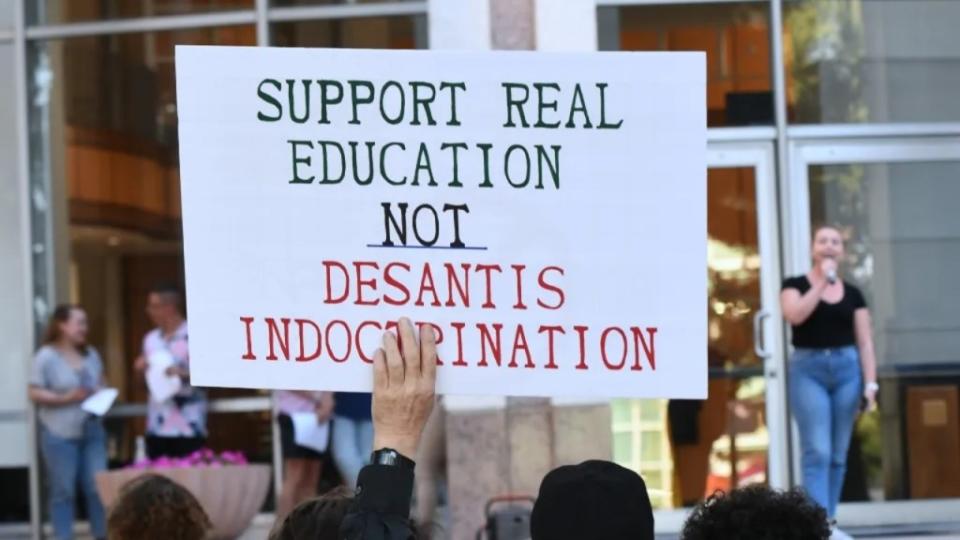 A protest sign is shown at a “Walkout 2 Learn” rally in April outside City Hall in Orlando, Florida. Students and others were reacting to Florida’s education policies. (Photo: Paul Hennessy/Anadolu Agency via Getty Images)